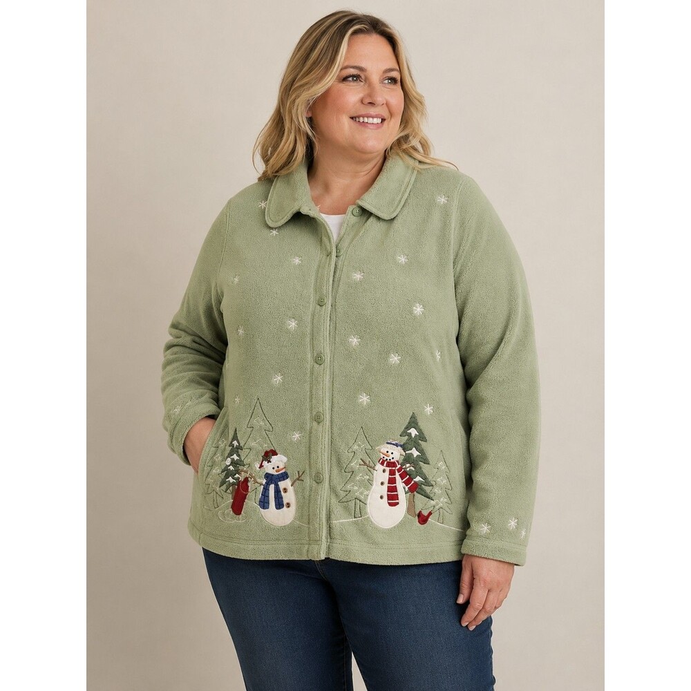 Women’s Christmas Fleece Jacket Green Snowman Embroidered Button Front XL